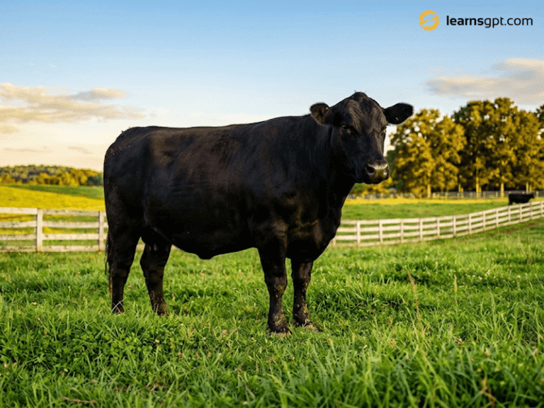 A Black Angus cow, which is the most popular beef cattle in georgia, standing in a sunny pasture.