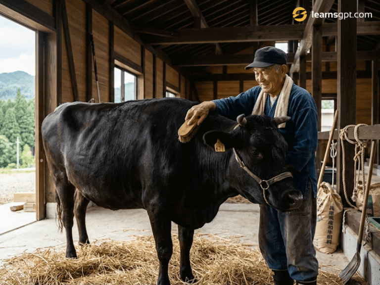 A Japanese farmer demonstrating how are kobe beef cattle raised with ultimate care.