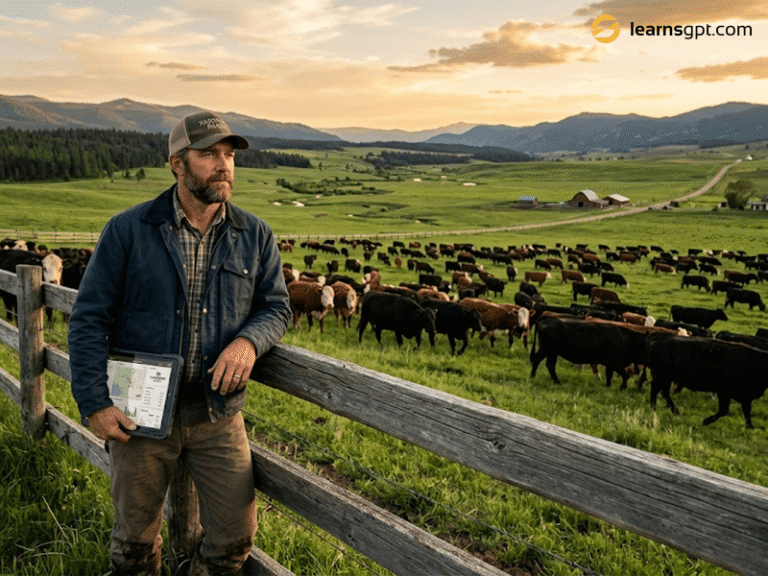 A farmer calculating the economic impact of beef cattle on their local business.