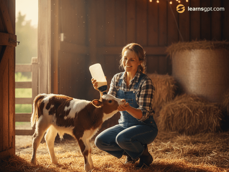 A farmer feeding a baby cow to find out what is the best milk replacer for calves.