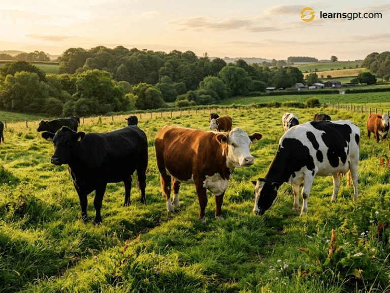 7 Options: What Are the Different Breeds of Cattle? A mixed herd showcasing the different breeds of cattle in a green pasture.