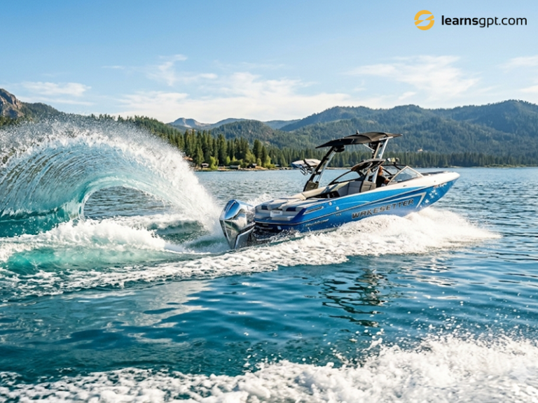 A modern wake boat showing exactly how is a ski boat designed for making waves.