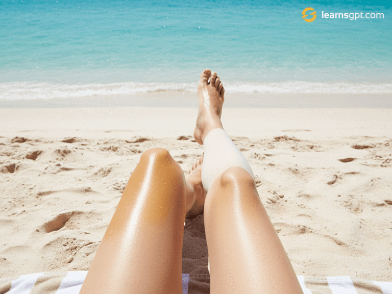 5 Reasons: Why Do My Calves Not Tan? (And How to Fix It) A person on the beach wondering why do my calves not tan while the rest of their body does.