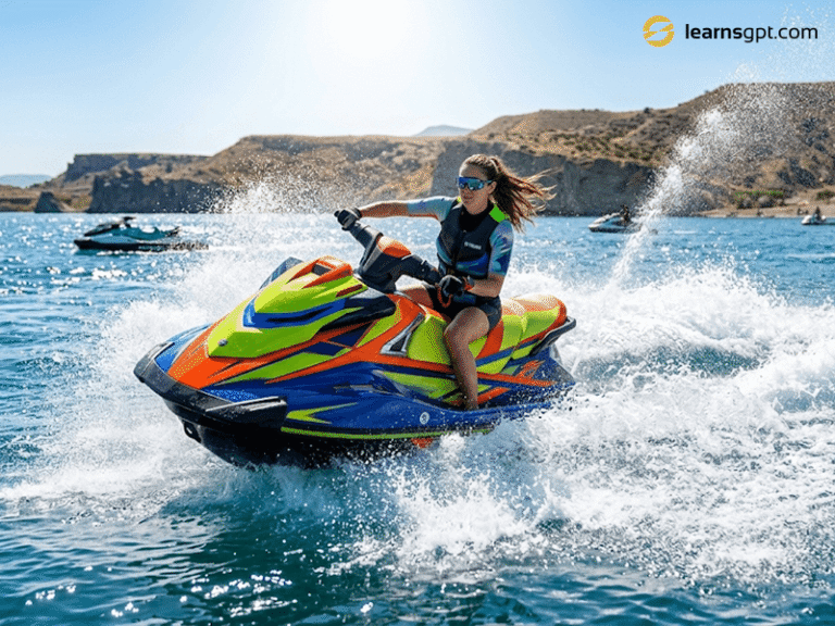 A rider speeding on the ocean to demonstrate what is a jet ski.