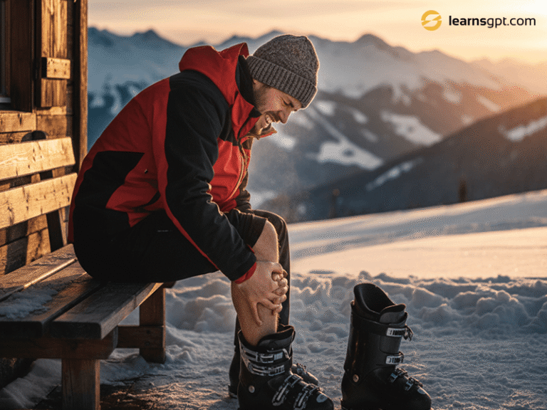 A tired skier taking off boots and wondering why do my calves hurt after skiing.