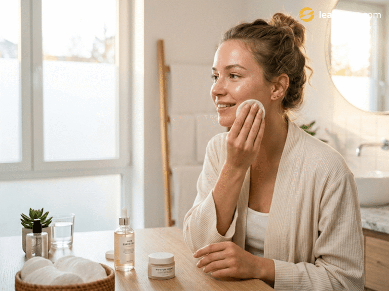 A woman demonstrating exactly when to use toner in skincare routine.