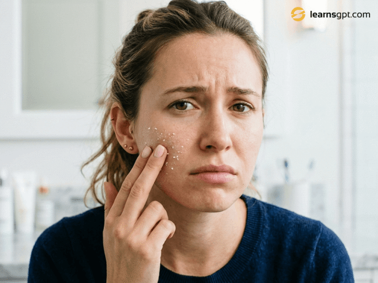 A woman touching her face and wondering why is my skincare pilling.