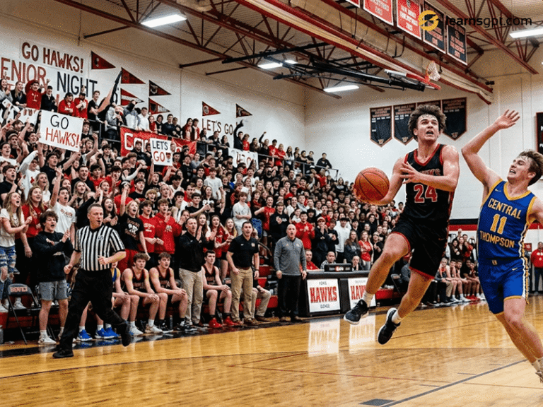 Students playing winter sports in high school basketball game.